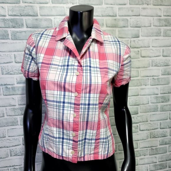 Vintage Y2K Esprit‎ JRS M Pink Plaid Cotton S/S Button Front Shirt Preppy - Picture 1 of 8